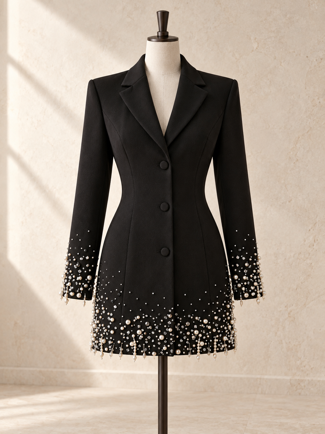 AI-generated black fitted longline jacket concept with pearl and crystal embellishments
