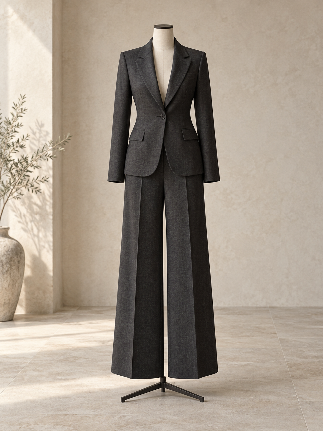 AI-generated charcoal womenswear tailoring concept