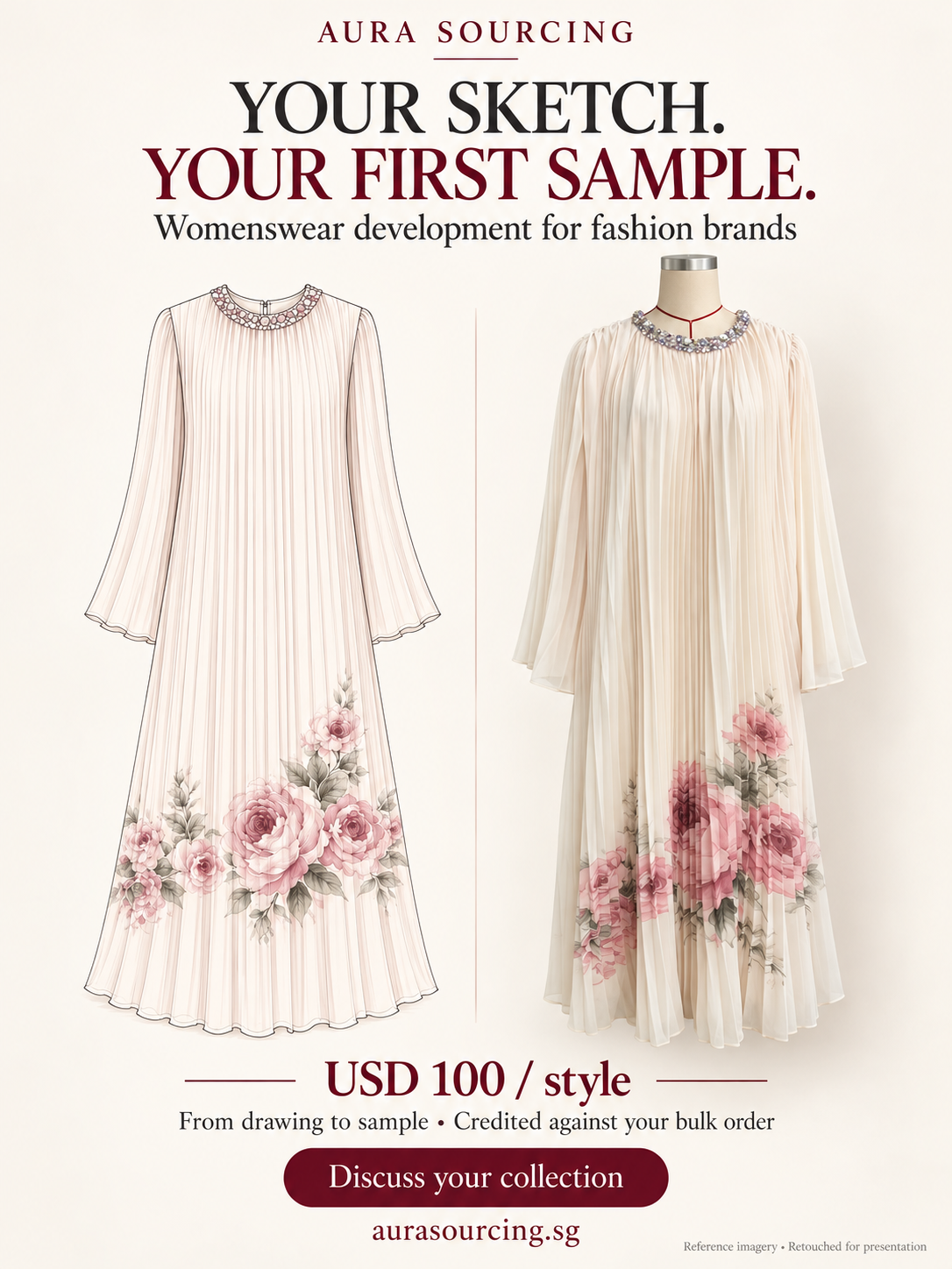 Floral printed pleated dress design alongside a garment presentation, with USD 100 sketch-to-sample development information