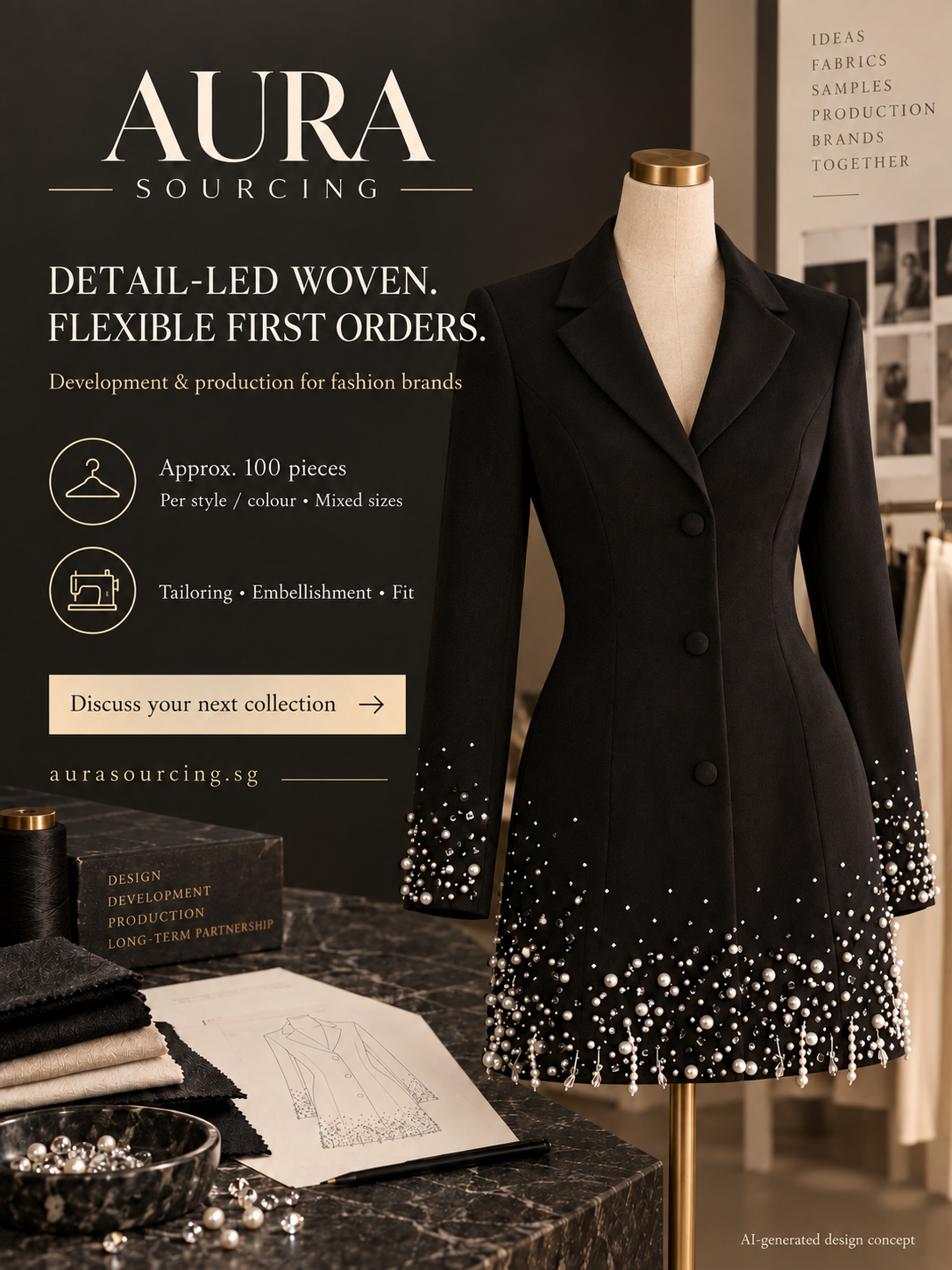 Black embellished tailored jacket on a dress form, with Aura small-batch development information