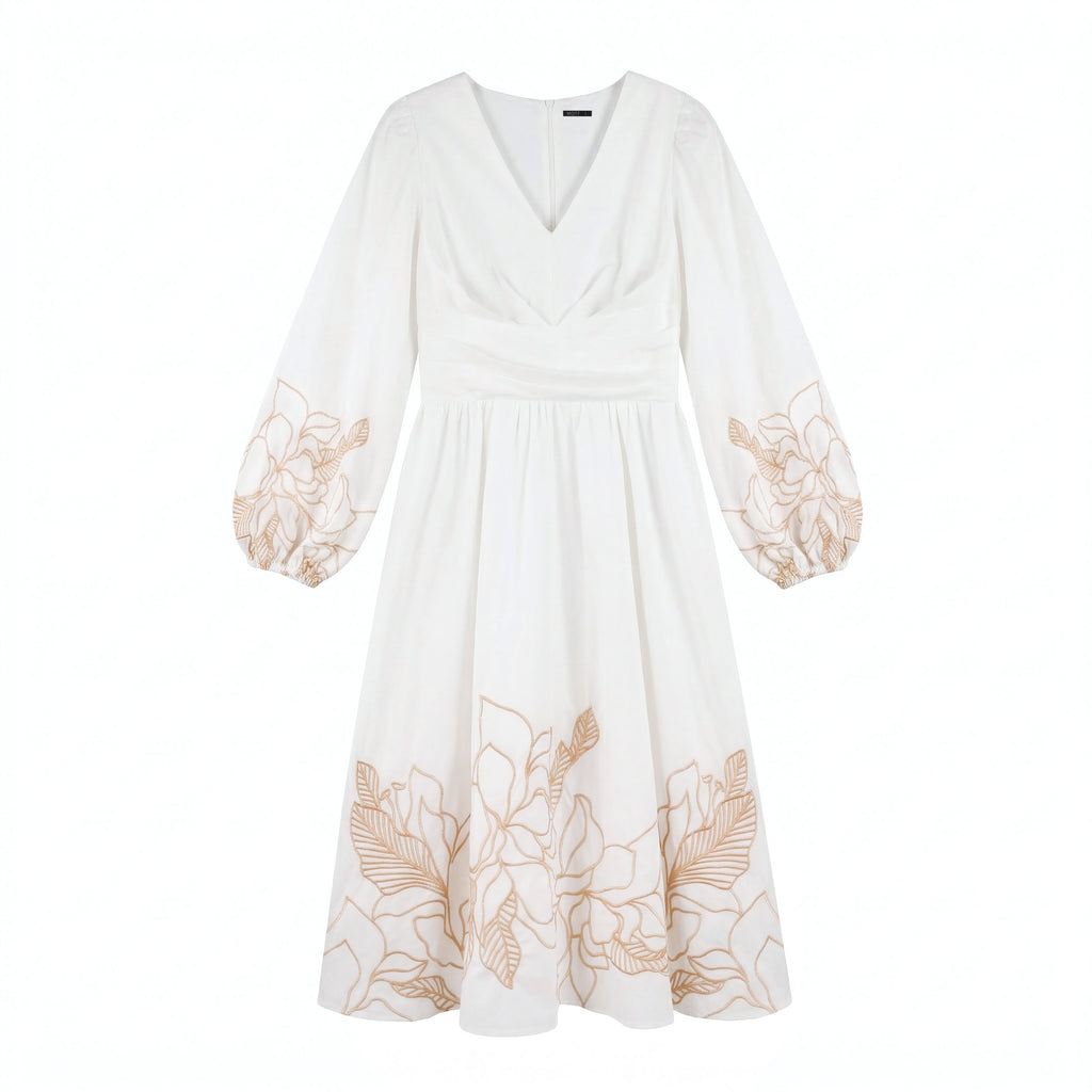 Women's White Cotton Floral Embroidered Dress | V-Neck & Lantern Sleeves