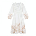Women's White Cotton Floral Embroidered Dress | V-Neck & Lantern Sleeves