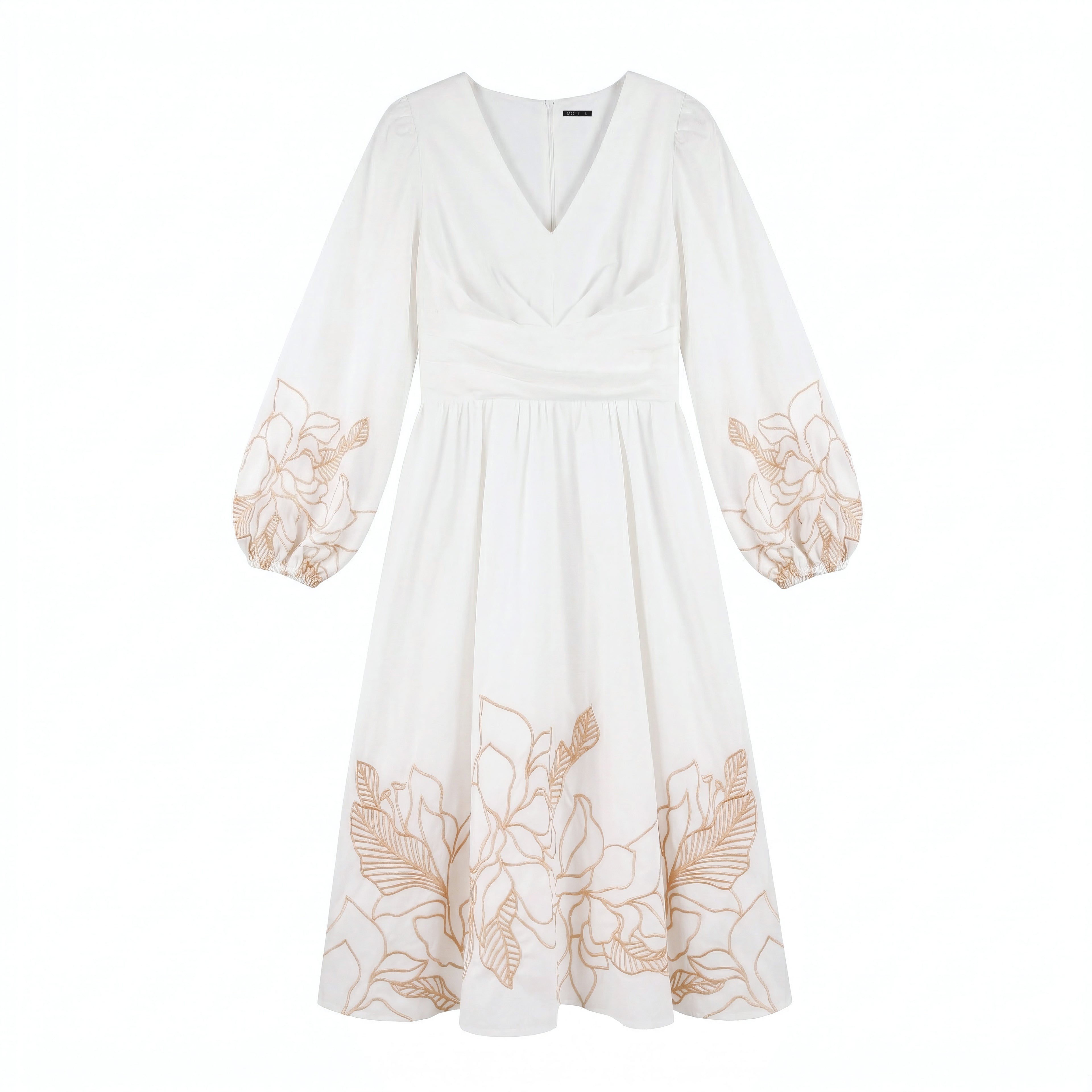 Women's White Cotton Floral Embroidered Dress | V-Neck & Lantern Sleeves
