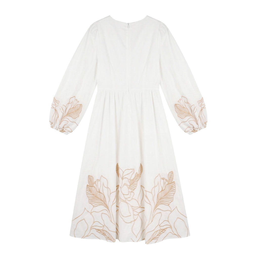 Women's White Cotton Floral Embroidered Dress | V-Neck & Lantern Sleeves