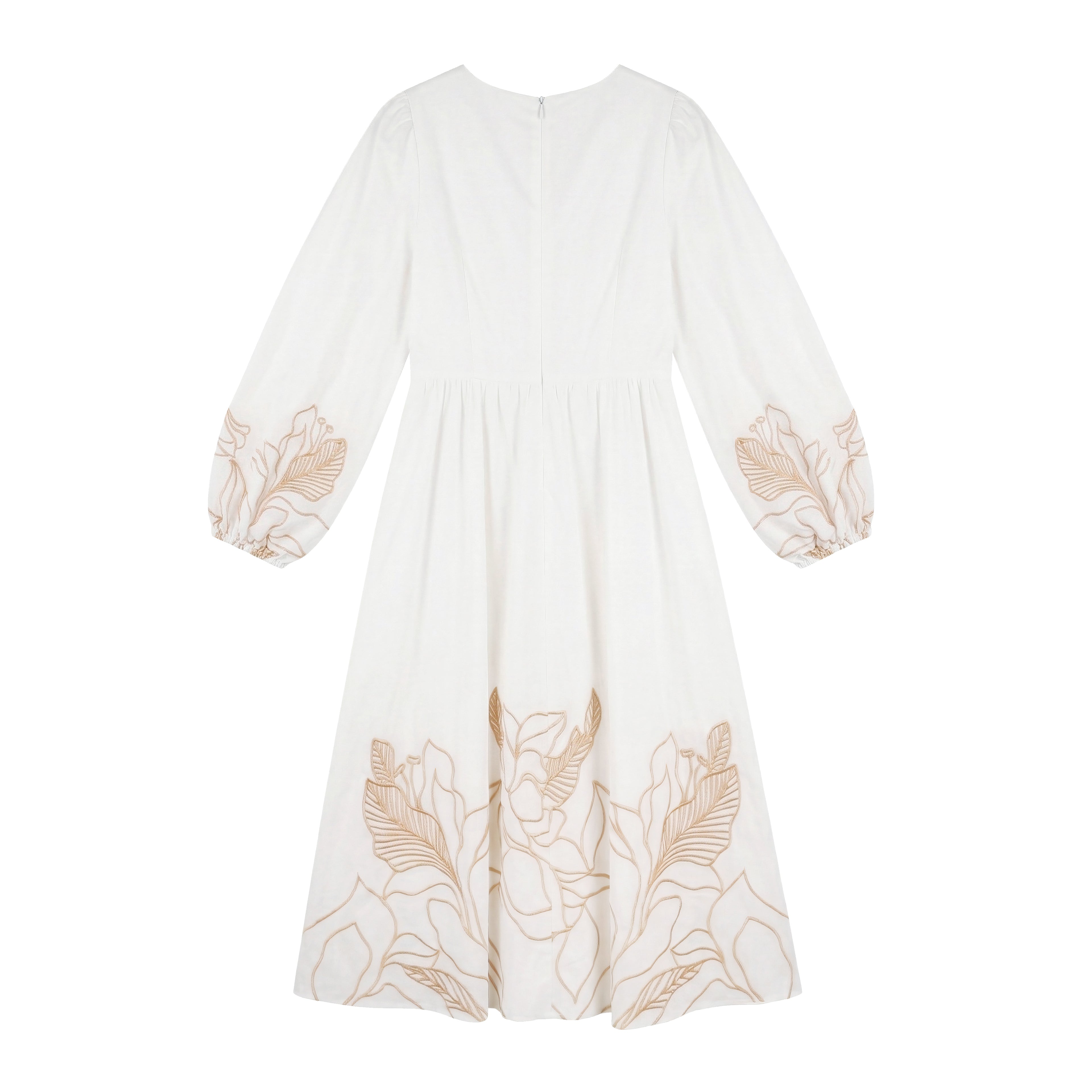 Women's White Cotton Floral Embroidered Dress | V-Neck & Lantern Sleeves