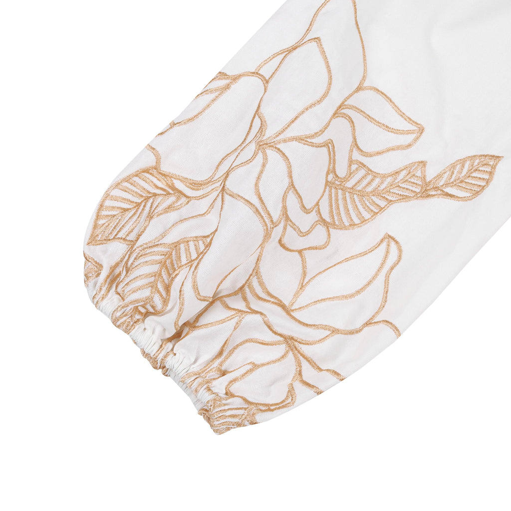 Women's White Cotton Floral Embroidered Dress | V-Neck & Lantern Sleeves