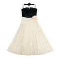 Vintage Black Velvet & White Pleated Midi Dress - Elegant Contrast Cocktail Party Dress with Choker