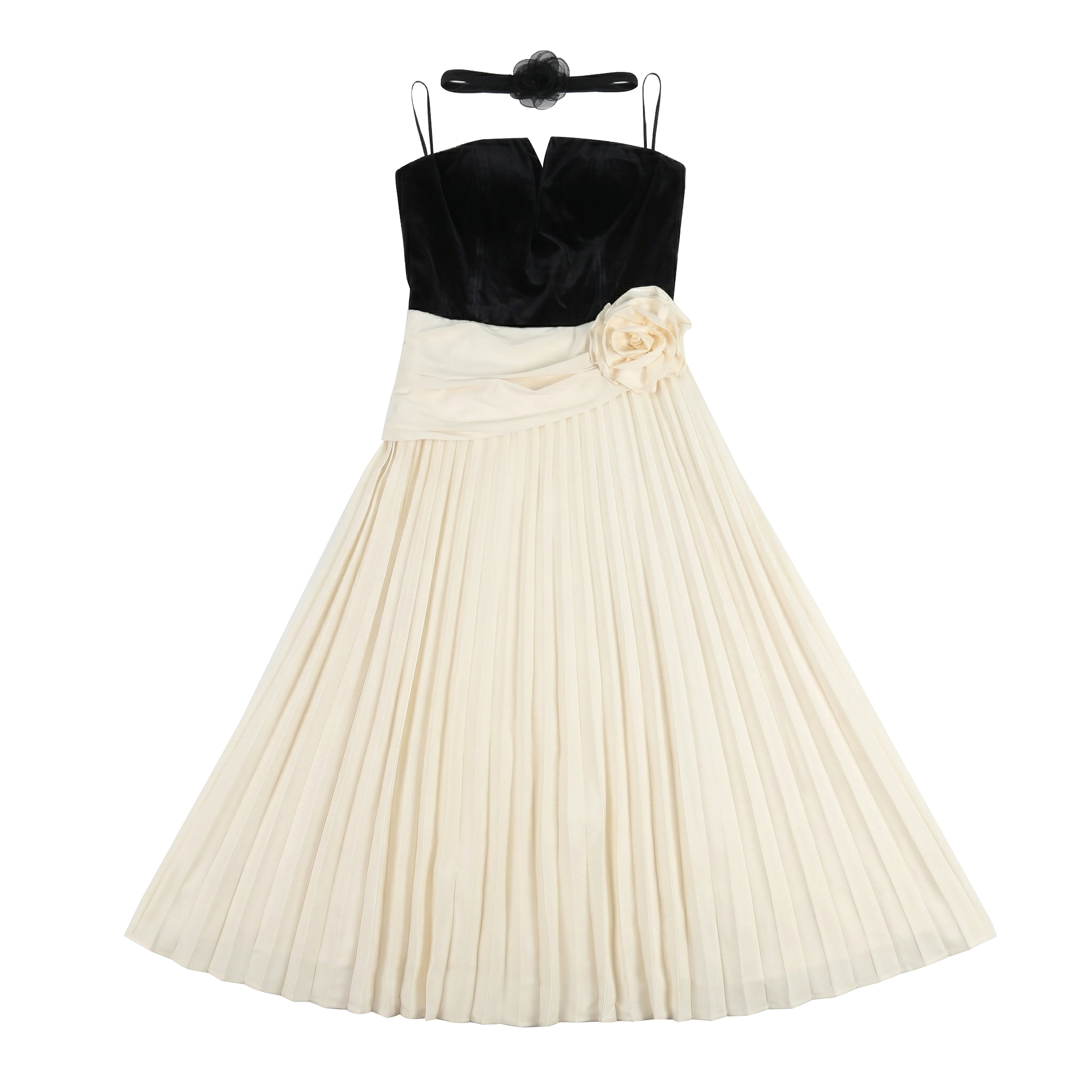 Vintage Black Velvet & White Pleated Midi Dress - Elegant Contrast Cocktail Party Dress with Choker