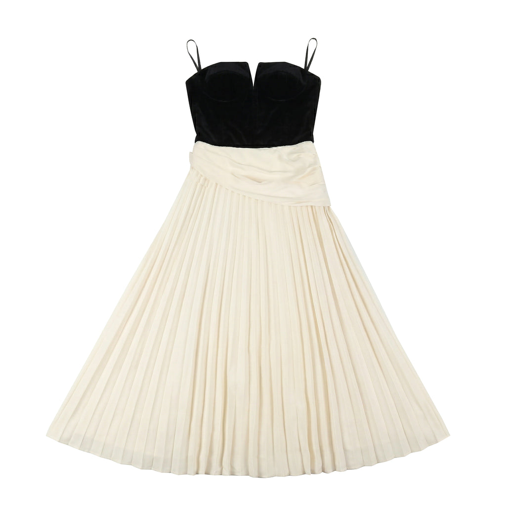 Vintage Black Velvet & White Pleated Midi Dress - Elegant Contrast Cocktail Party Dress with Choker