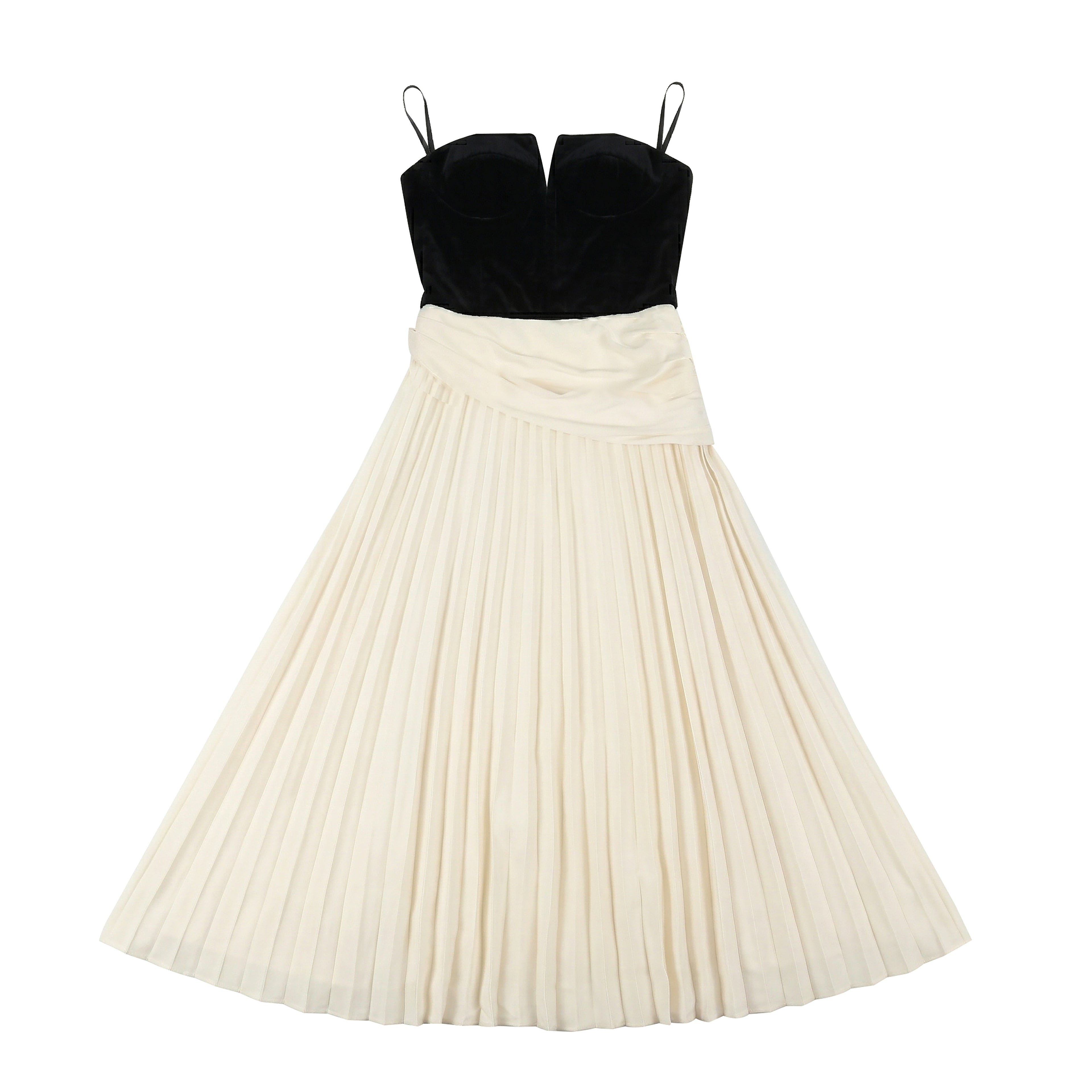 Vintage Black Velvet & White Pleated Midi Dress - Elegant Contrast Cocktail Party Dress with Choker