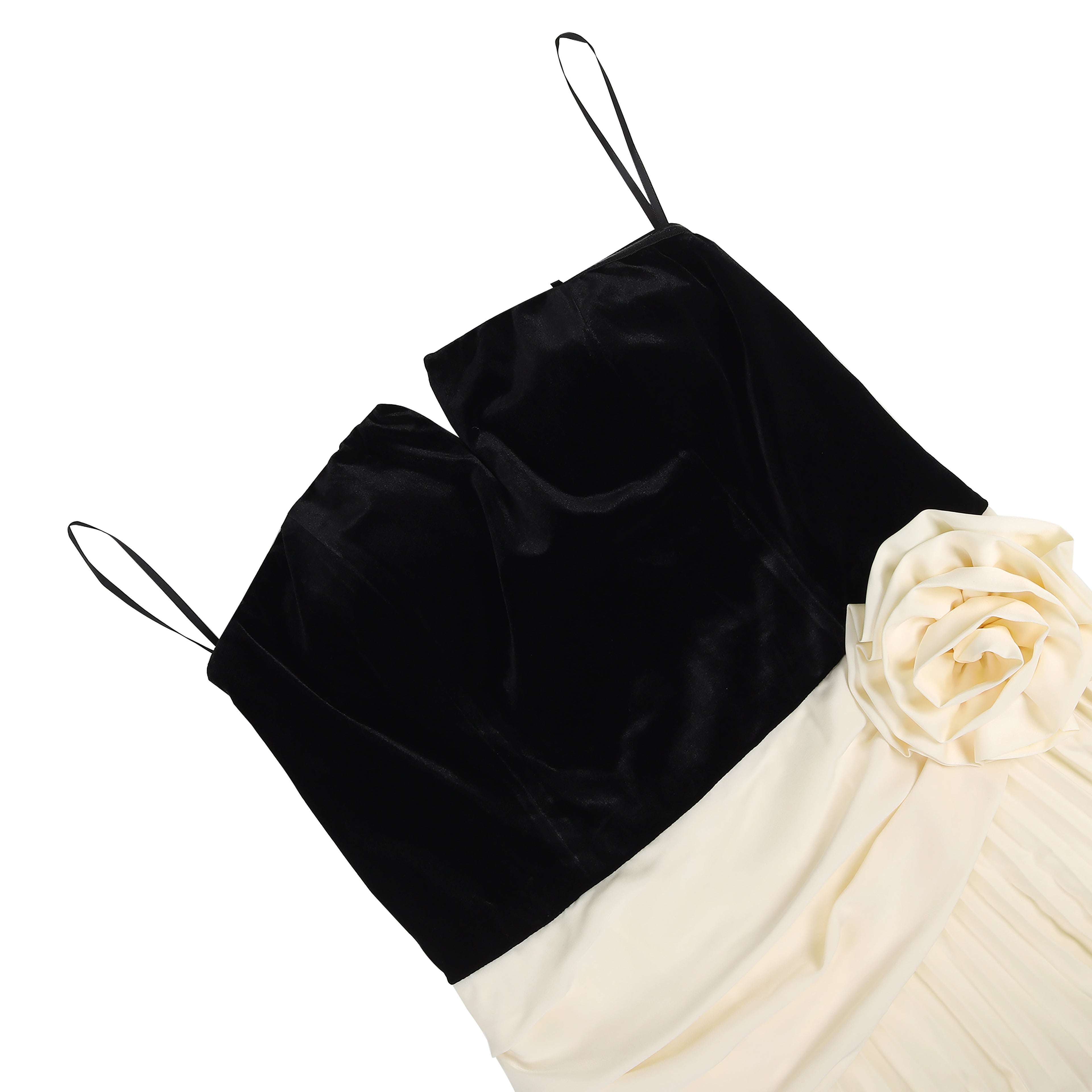 Vintage Black Velvet & White Pleated Midi Dress - Elegant Contrast Cocktail Party Dress with Choker