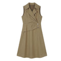 Elegant Notch Lapel Sleeveless Midi Dress - Slim Fit Business Casual Work Dress with Decorative Buttons