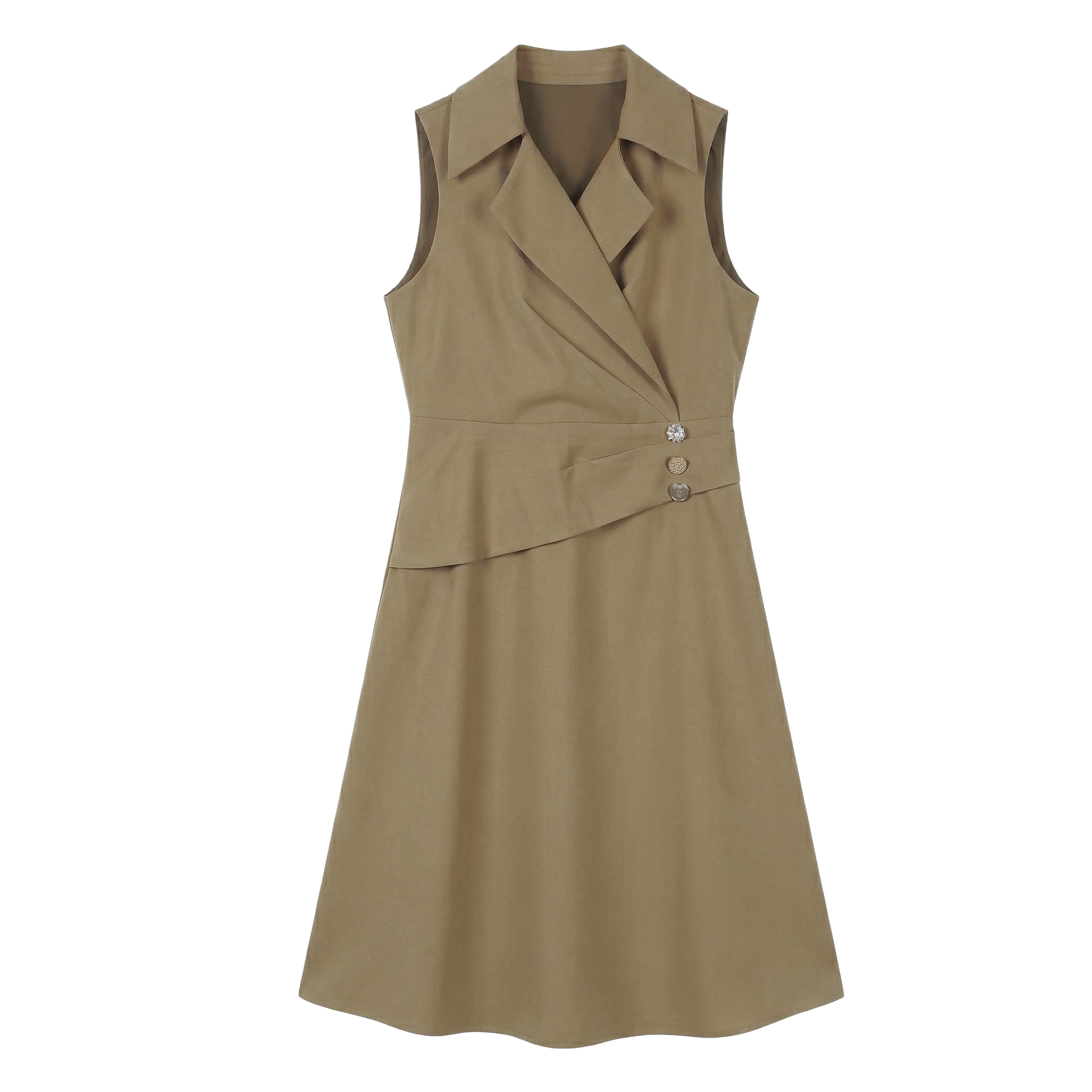 Elegant Notch Lapel Sleeveless Midi Dress - Slim Fit Business Casual Work Dress with Decorative Buttons