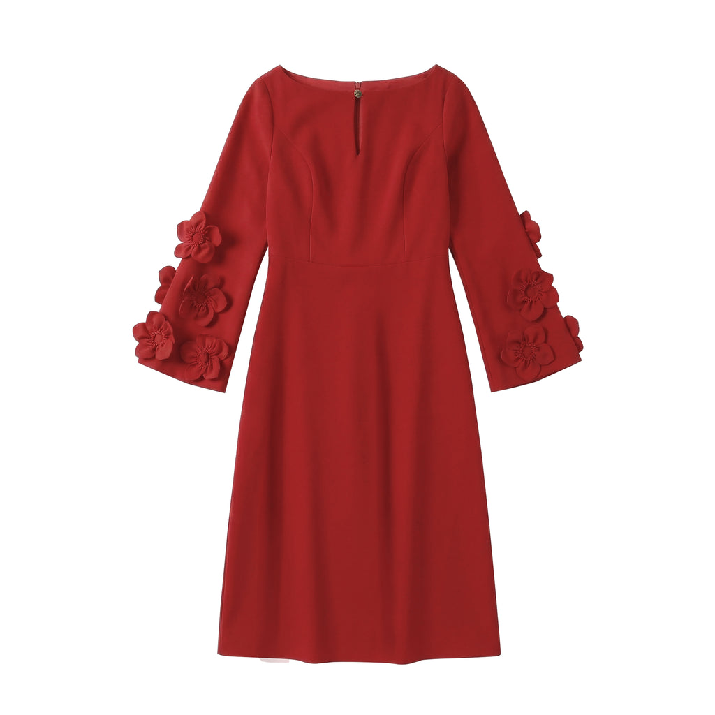 Elegant Red Midi Dress with 3D Floral Sleeves - Boat Neck A-Line Party Dress for Cocktail & Events