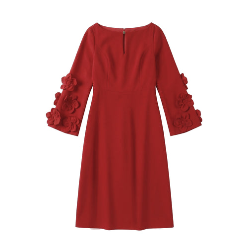 Elegant Red Midi Dress with 3D Floral Sleeves - Boat Neck A-Line Party Dress for Cocktail & Events