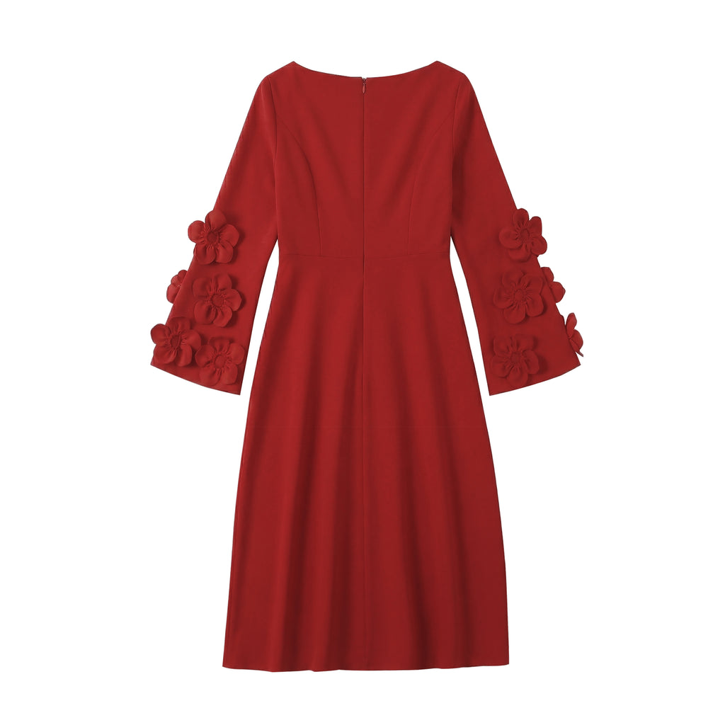 Elegant Red Midi Dress with 3D Floral Sleeves - Boat Neck A-Line Party Dress for Cocktail & Events