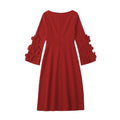 Elegant Red Midi Dress with 3D Floral Sleeves - Boat Neck A-Line Party Dress for Cocktail & Events