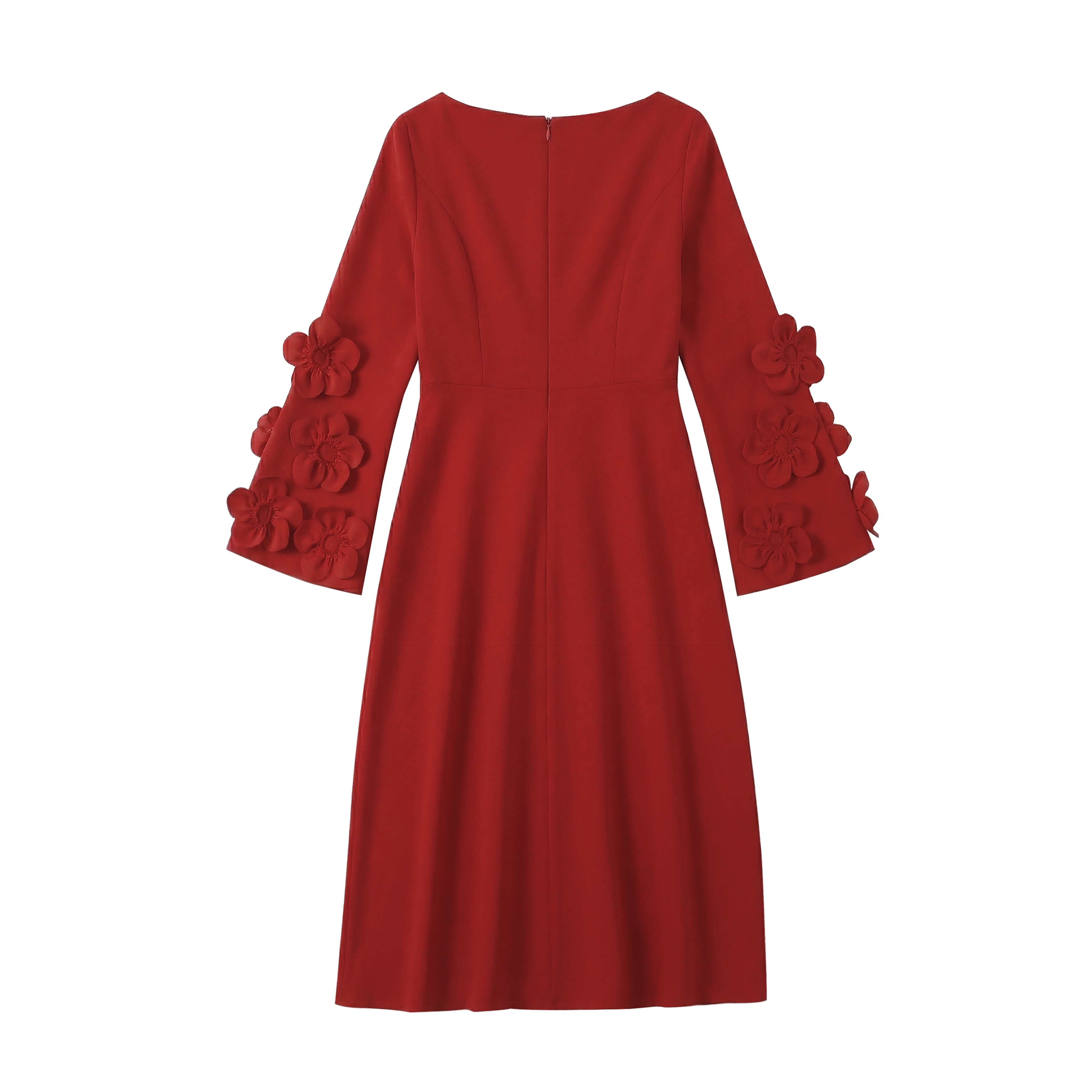 Elegant Red Midi Dress with 3D Floral Sleeves - Boat Neck A-Line Party Dress for Cocktail & Events