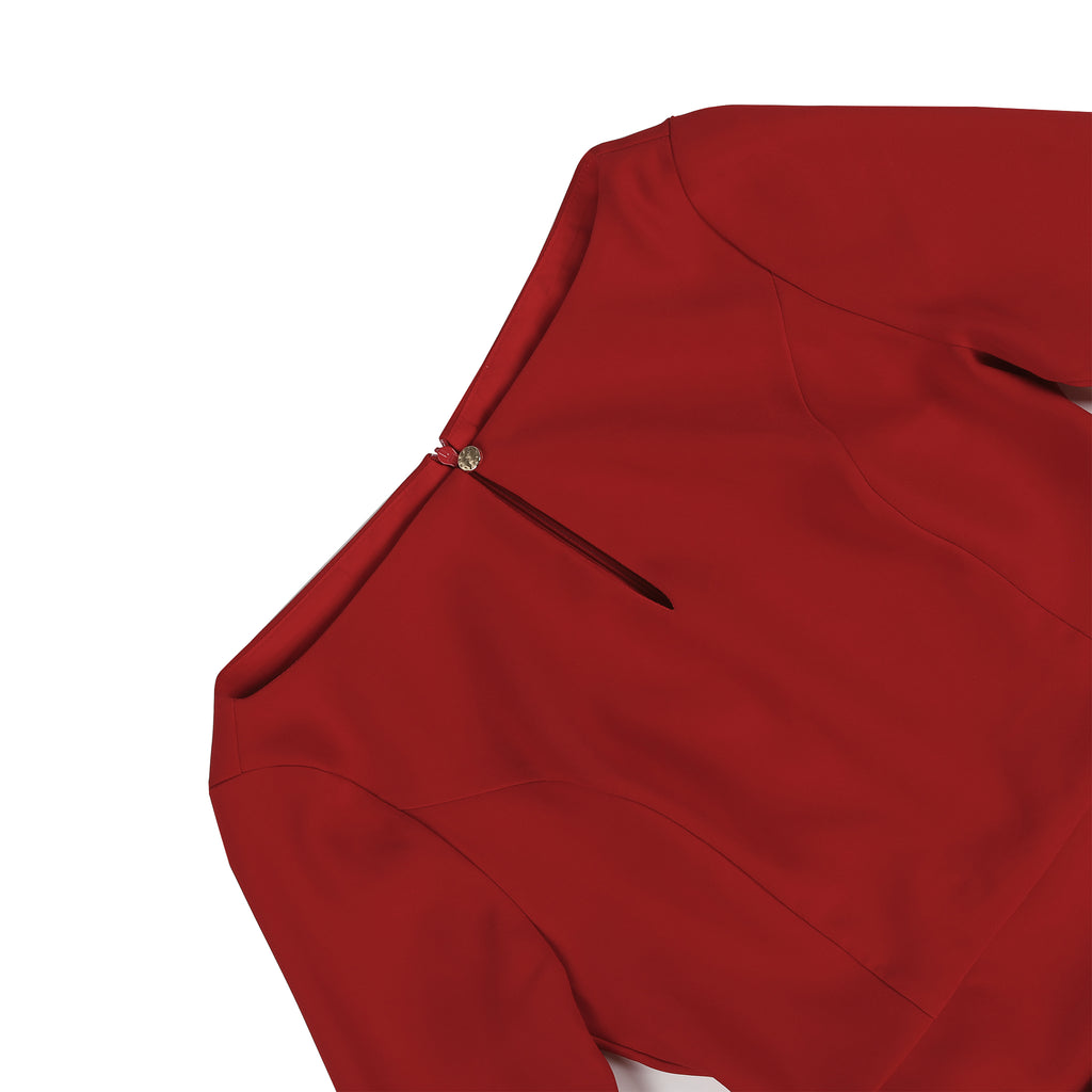 Elegant Red Midi Dress with 3D Floral Sleeves - Boat Neck A-Line Party Dress for Cocktail & Events