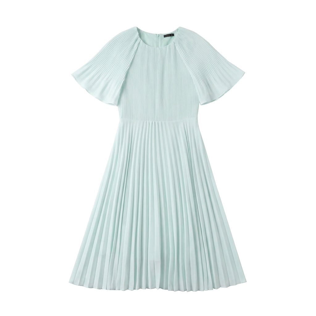 Elegant Mint Green Pleated Midi Dress - Butterfly Flutter Sleeve A-Line Party Dress