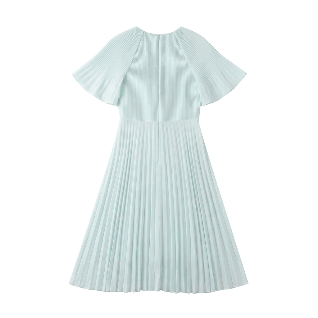 Elegant Mint Green Pleated Midi Dress - Butterfly Flutter Sleeve A-Line Party Dress