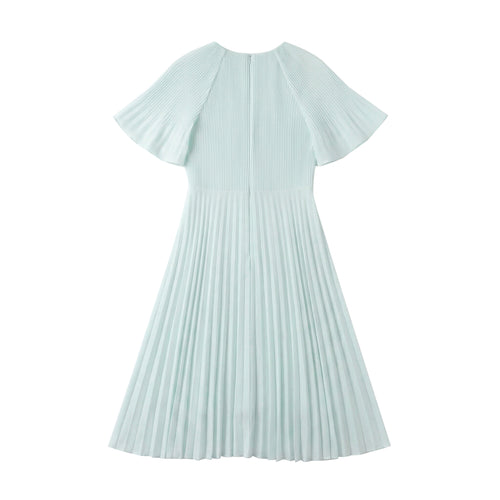 Elegant Mint Green Pleated Midi Dress - Butterfly Flutter Sleeve A-Line Party Dress