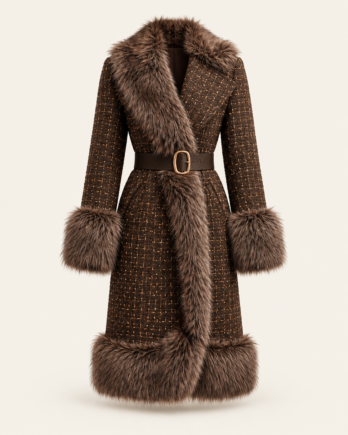 AI-edited brown textured coat with shaggy edge treatment; fibre composition unconfirmed