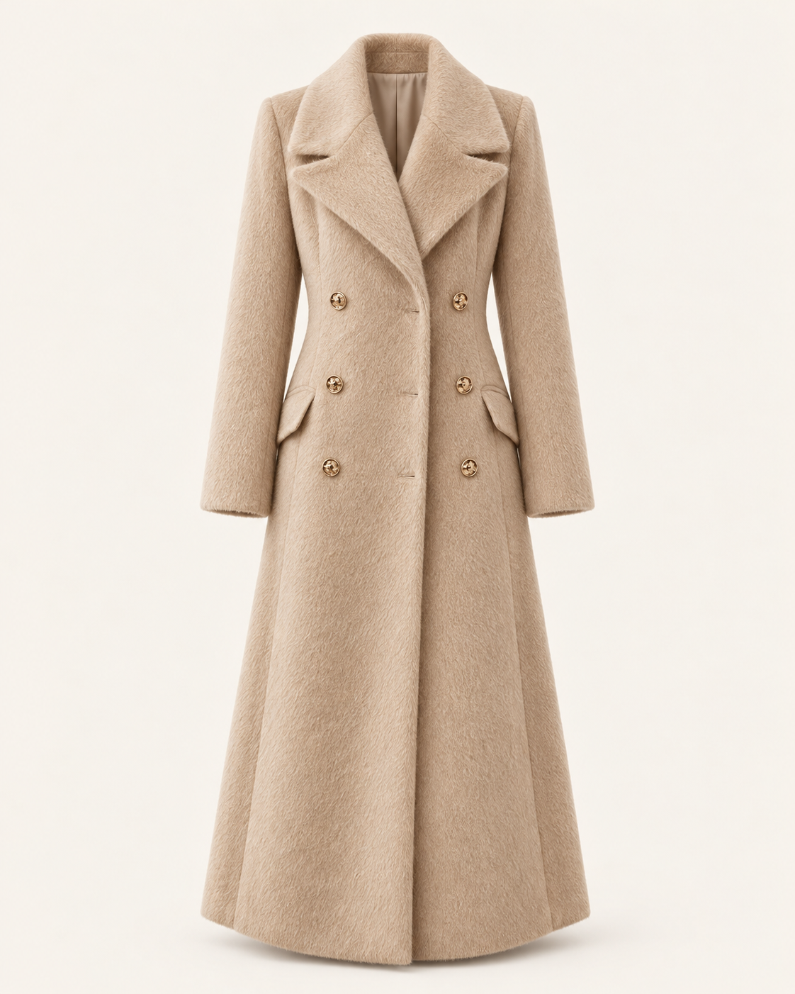 AI-edited camel double-breasted long coat; fibre composition unconfirmed
