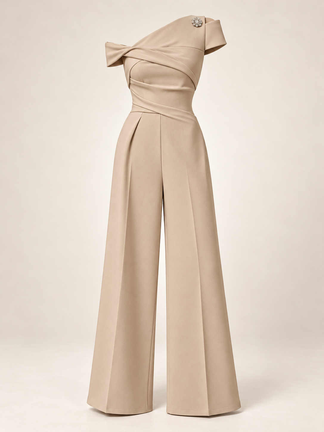 AI-edited champagne asymmetric jumpsuit with sculpted overlapping folds