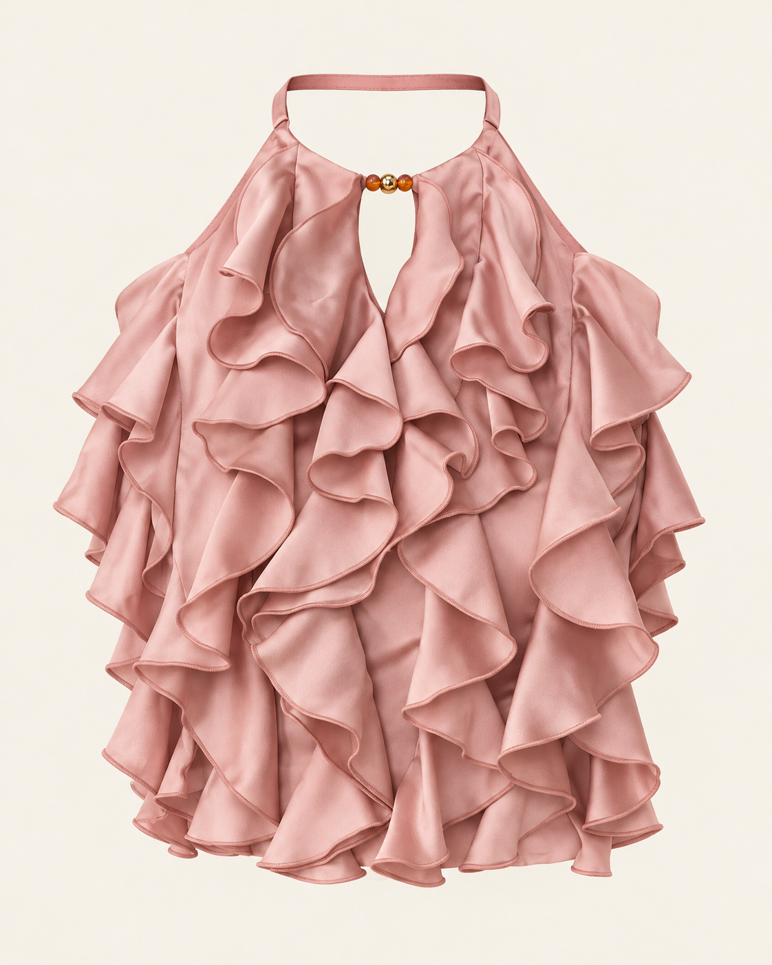 AI-edited dusty-rose top with layered ruffles and an open shoulder neckline