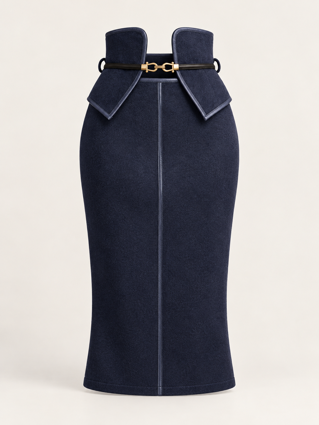 AI-edited navy skirt with structured waist panels and contrast edge finish