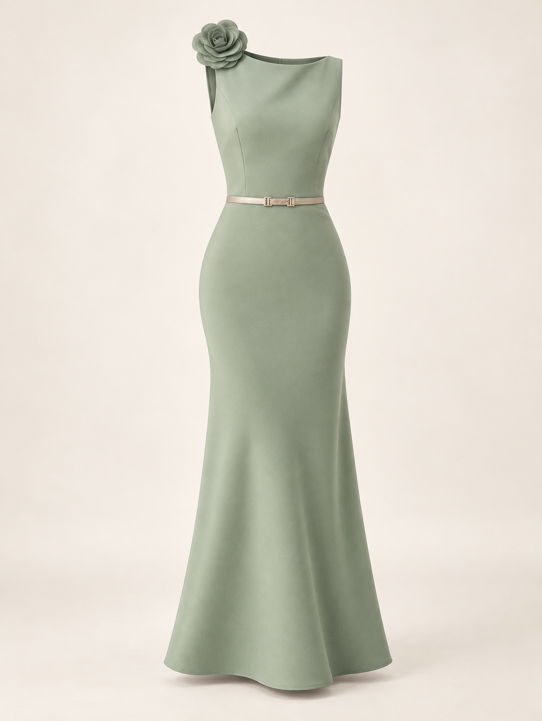 Robe longue sauge à fleur sur l’épaule et taille marquée, référence retouchée par IA