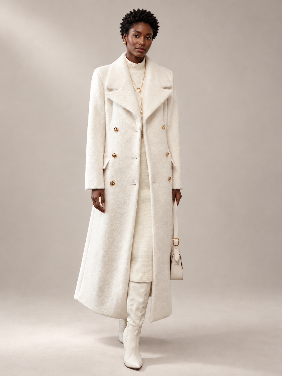 Long ivory coat with wide lapels and a double-breasted front on a model